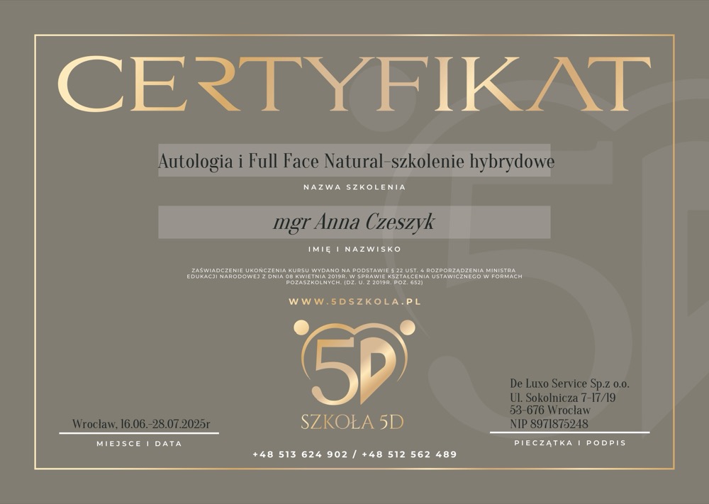 Certyfikat — Autologia i Full Face Natural, szkolenie hybrydowe