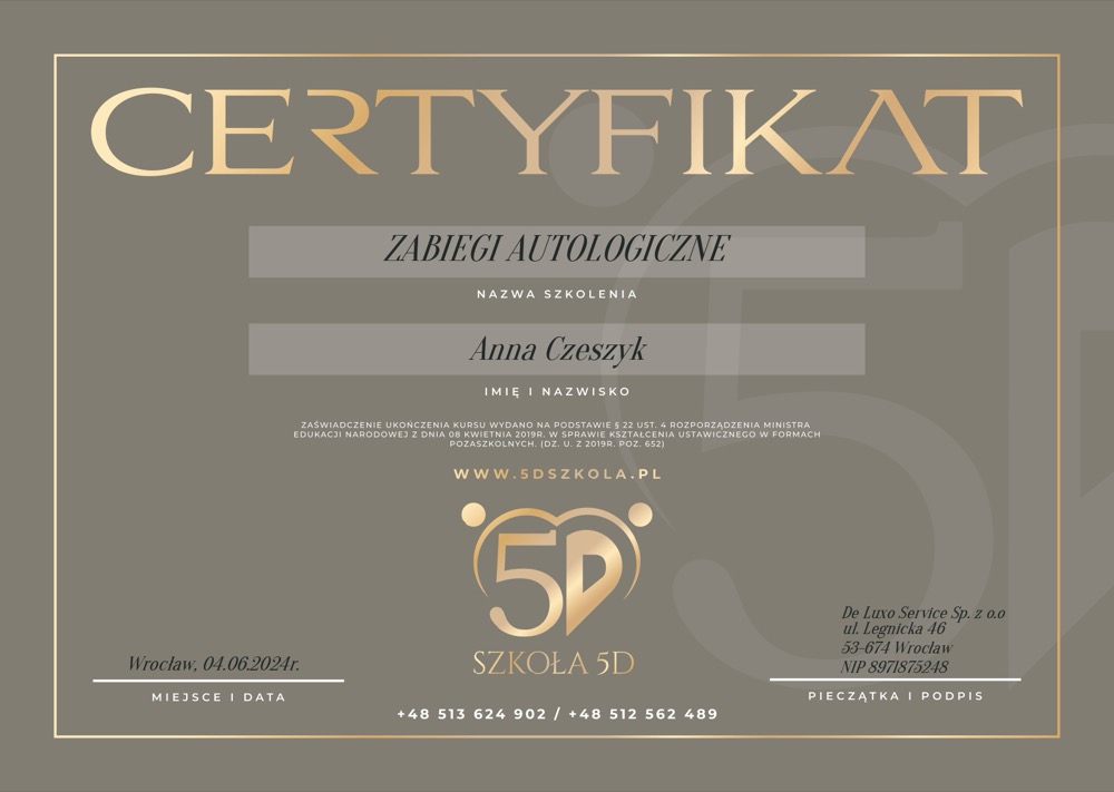 Certyfikat — zabiegi autologiczne
