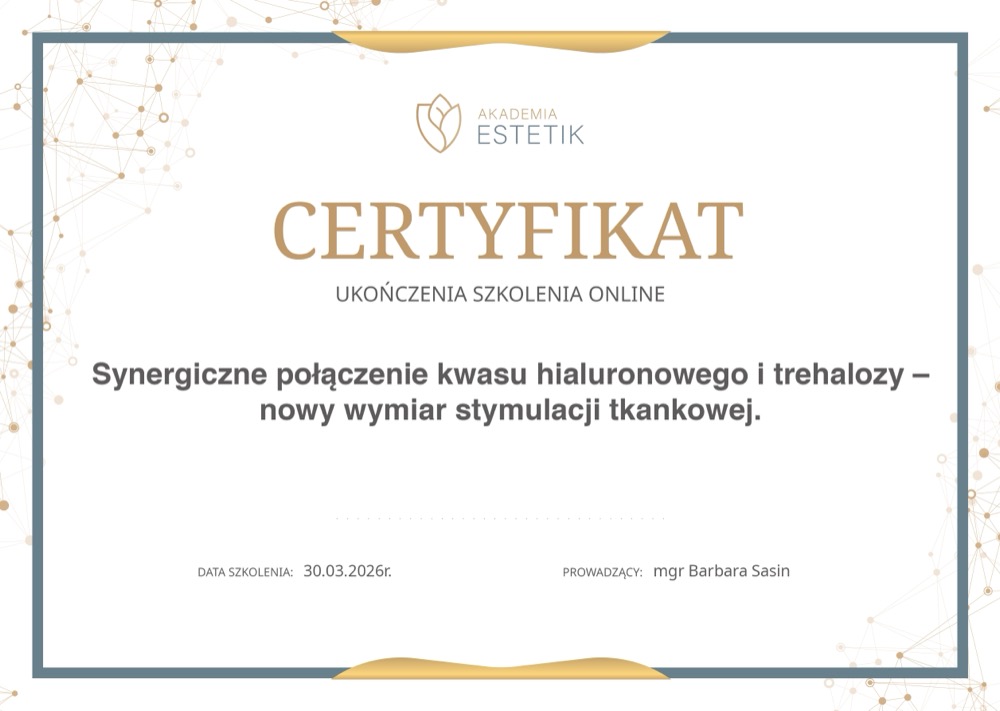 Certyfikat — synergiczne połączenie kwasu hialuronowego i trehalozy