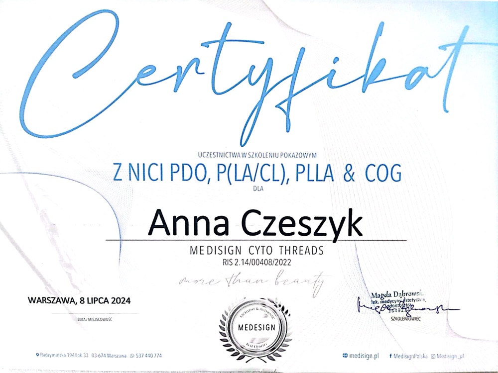 Certyfikat — nici PDO, PLLA, COG