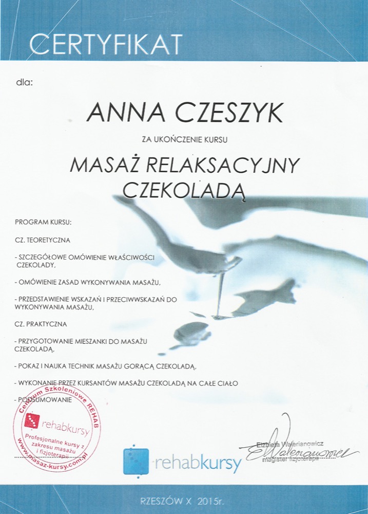 Certyfikat — masaż relaksacyjny czekoladą