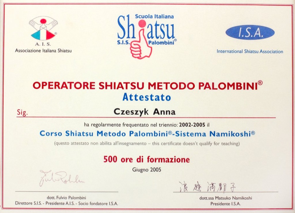 Certyfikat — Shiatsu Palombini (Włochy)