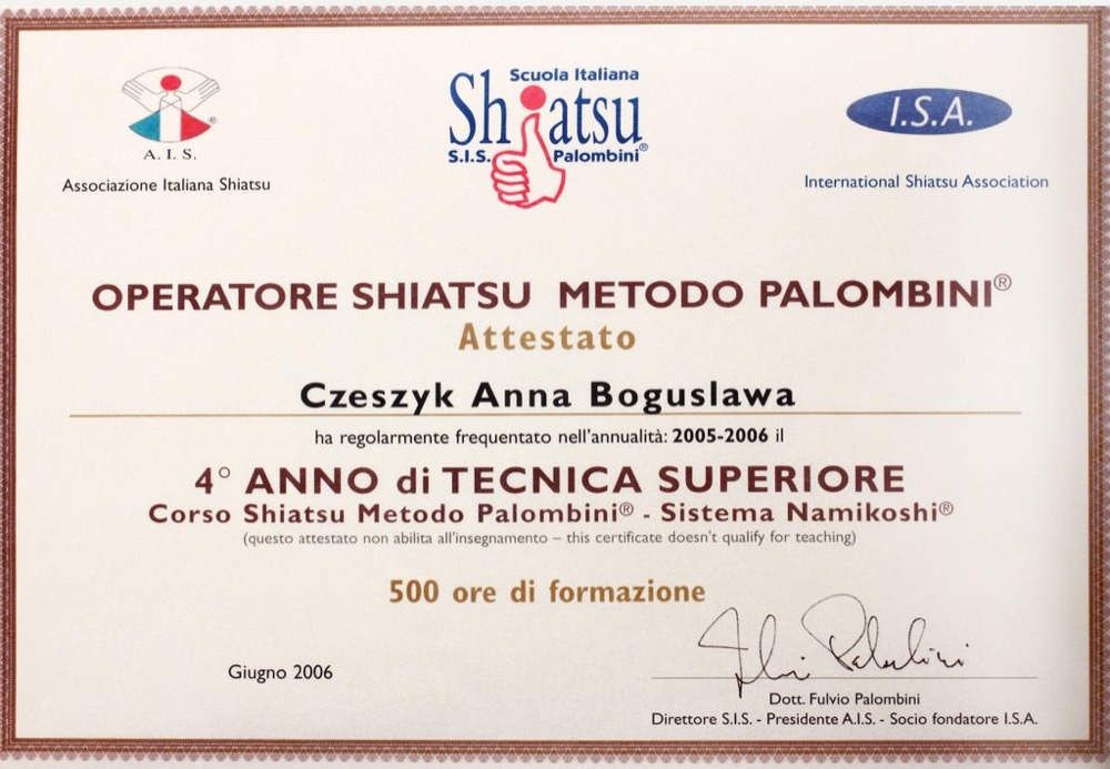 Certyfikat — Shiatsu Palombini (Włochy)