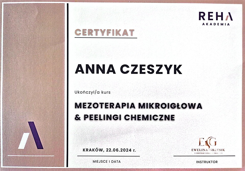 Certyfikat — Mezoterapia mikroigłowa i peelingi chemiczne (REHA Akademia)
