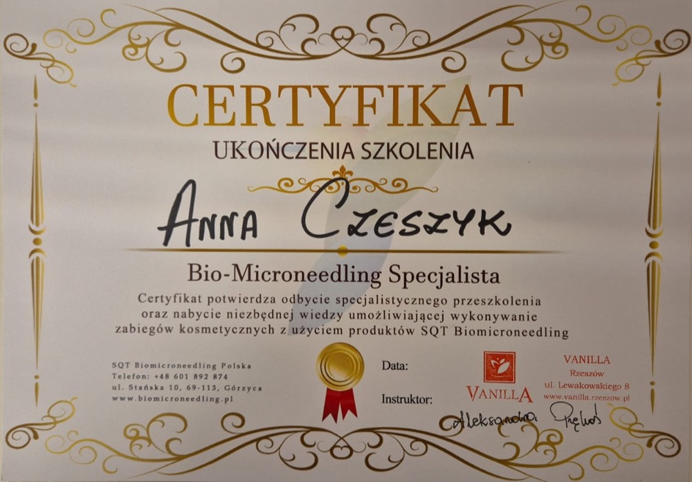 Certyfikat — Bio-Microneedling Specjalista (SQT Biomicroneedling)