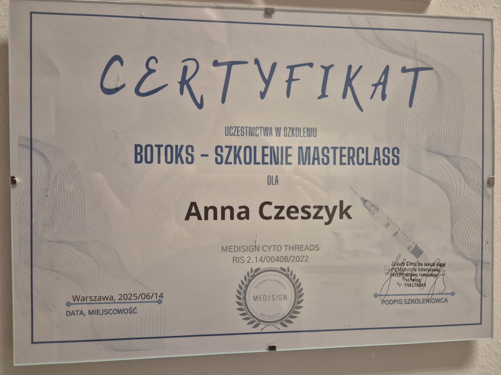 Certyfikat — botoks, szkolenie masterclass (MEDISIGN, Warszawa 2025)