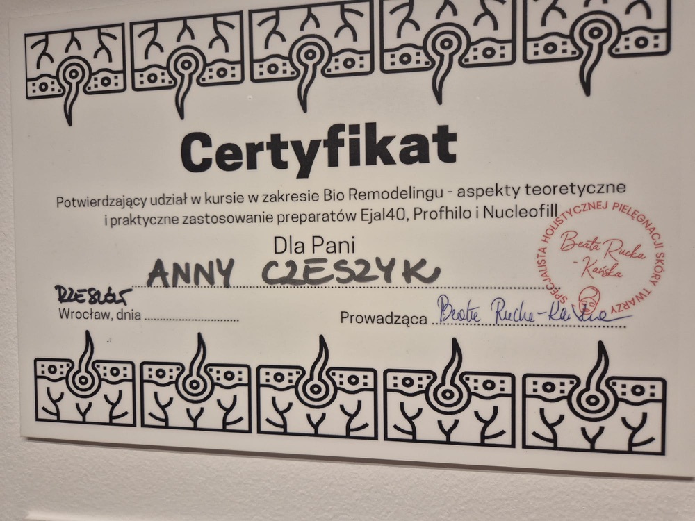 Certyfikat — bioremodeling: Ejal 40, Profhilo i Nucleofill