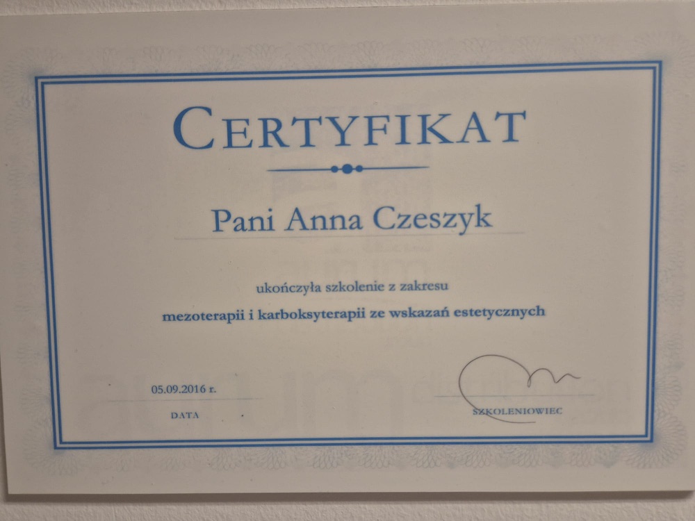 Certyfikat — mezoterapia i karboksyterapia ze wskazań estetycznych
