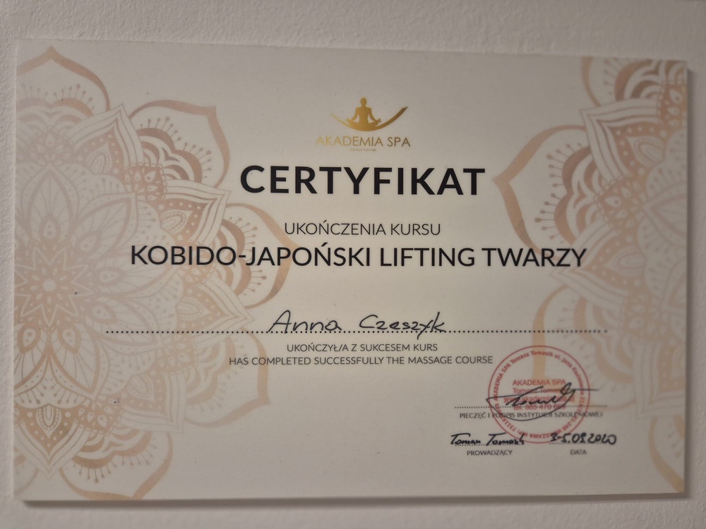 Certyfikat — Kobido, japoński lifting twarzy (Akademia SPA)