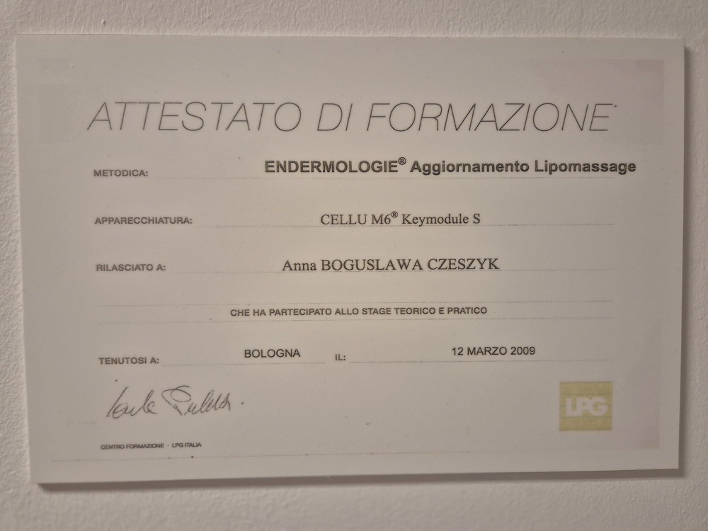 Certyfikat — Endermologie Lipomassage, Cellu M6 Keymodule S (Bolonia, Włochy)