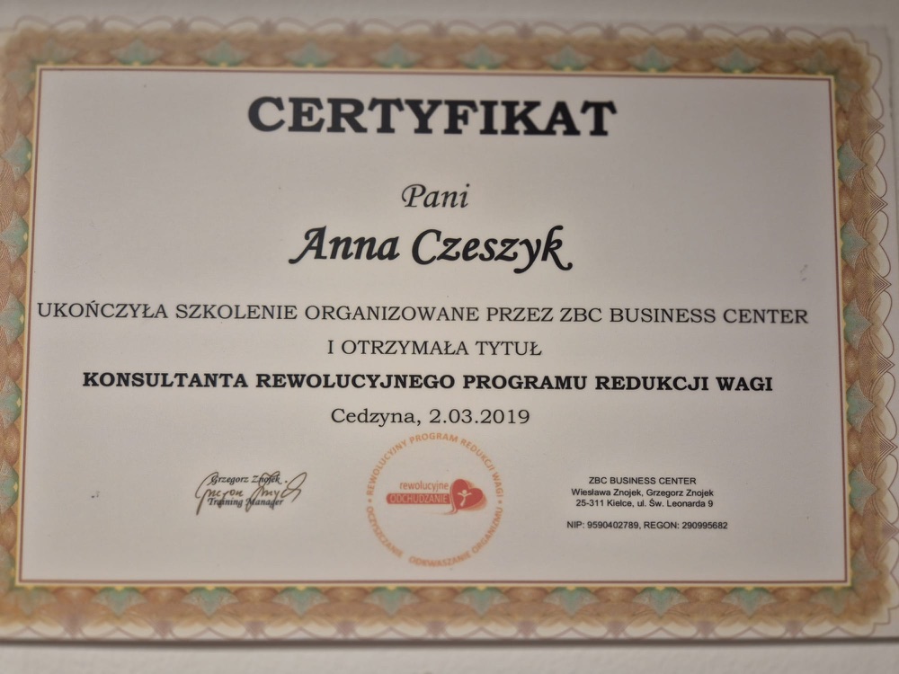 Certyfikat — konsultant programu redukcji wagi (ZBC Business Center)