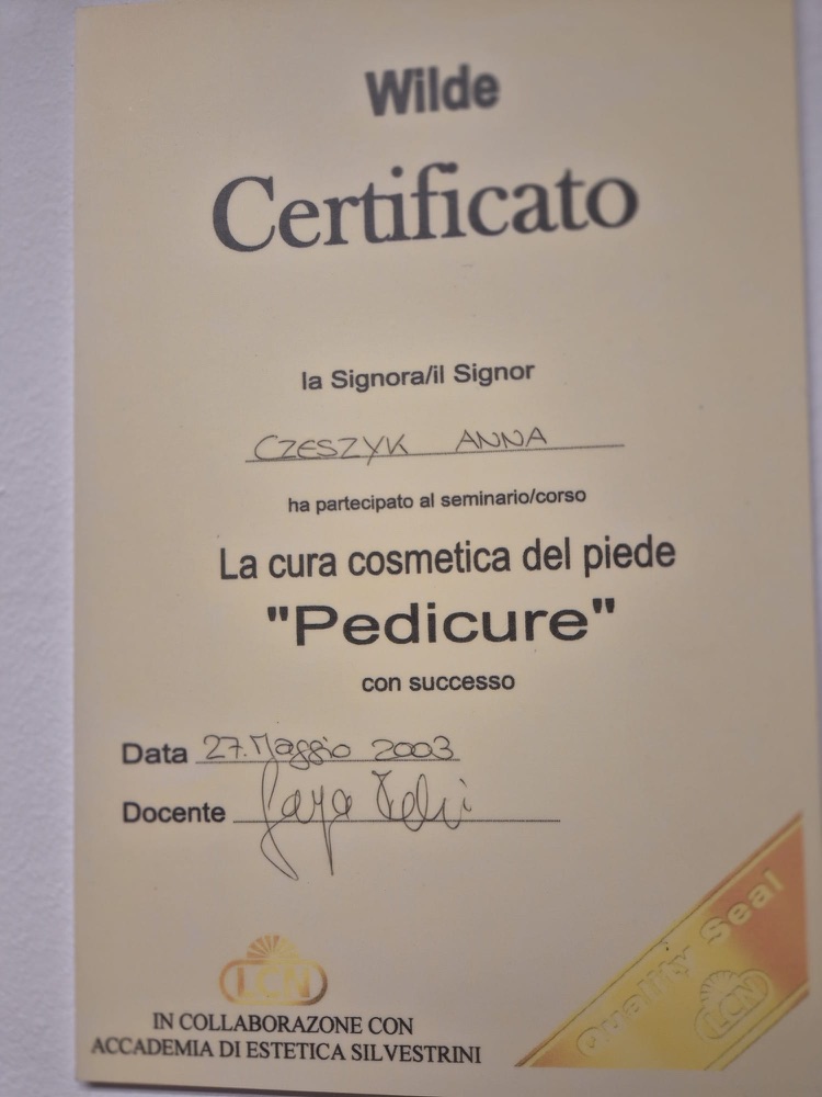 Certyfikat — pedicure, kosmetyczna pielęgnacja stóp (Wilde, Włochy)