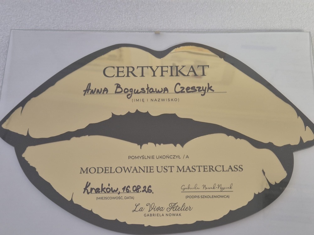 Certyfikat — Modelowanie ust Masterclass (La Viva Atelier, Gabriela Nowak, Kraków 2026)